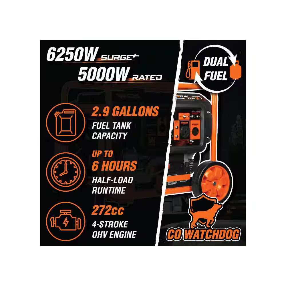6250/5000-Watt 120-Volt/240-Volt Dual Fuel Electric Start Portable Generator with Wheel Kit and CO Watchdog