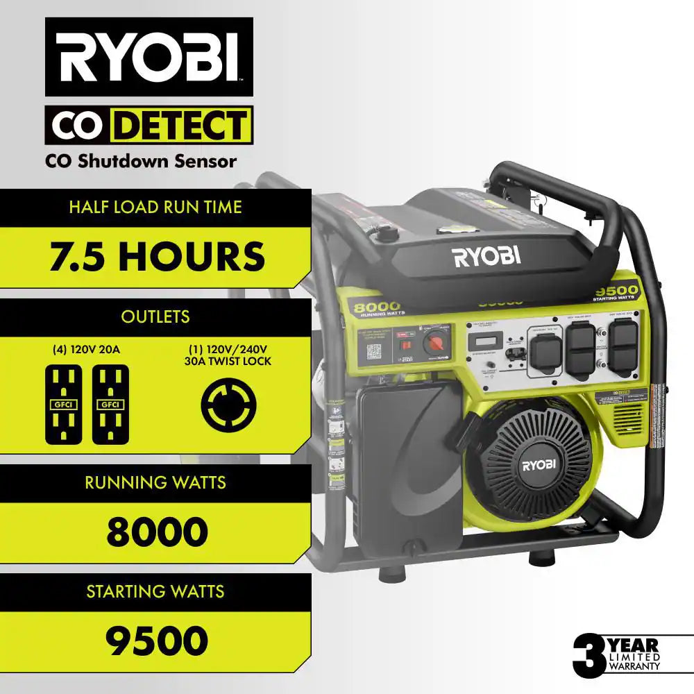 9500-Watt Recoil Start Gasoline Powered Portable Generator with CO Detect Shutdown Sensor