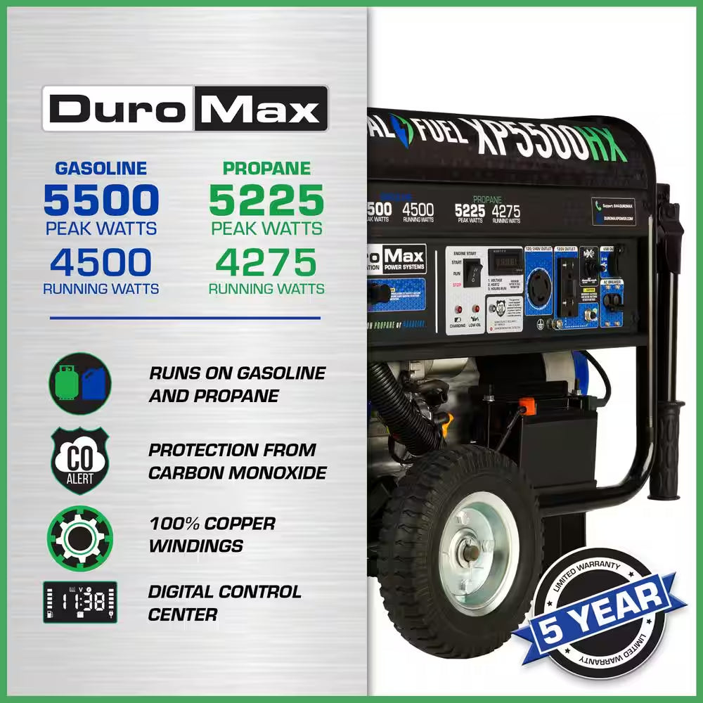 5500/4500-Watt Dual Fuel Electric Start Gasoline/Propane Portable Generator with CO Alert Shutdown Sensor