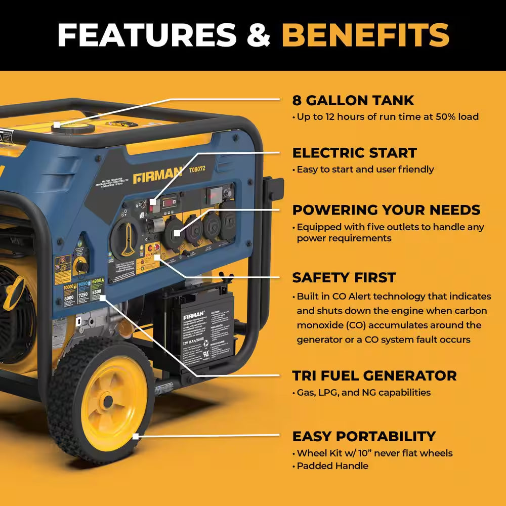 10,000-Watt/8,000-Watt Tri-Fuel Portable Generator with Electric Start, Transfer Switch Outlet and CO Alert Technology