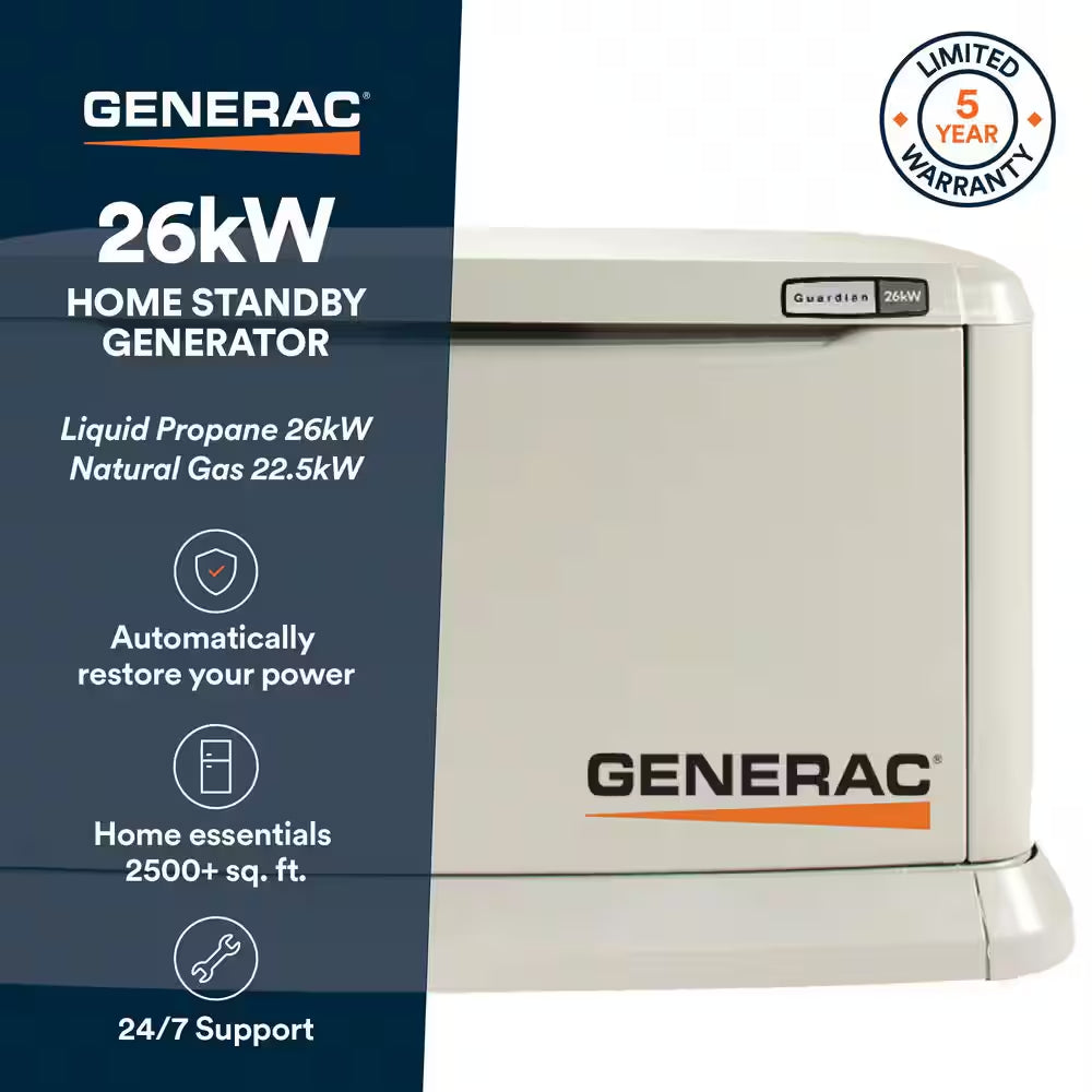 26,000 Watt - Dual Fuel Air- Cooled Whole House Home Standby Generator, Smart Home Monitoring & 200-AMP Transfer Switch