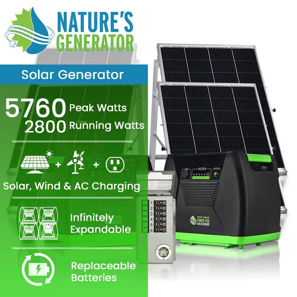 ELITE 3600-Watt/5760W Peak Push Button Start Solar Powered Portable Generator W/ Power Pod, Transfer Kit, 4 Solar Panels