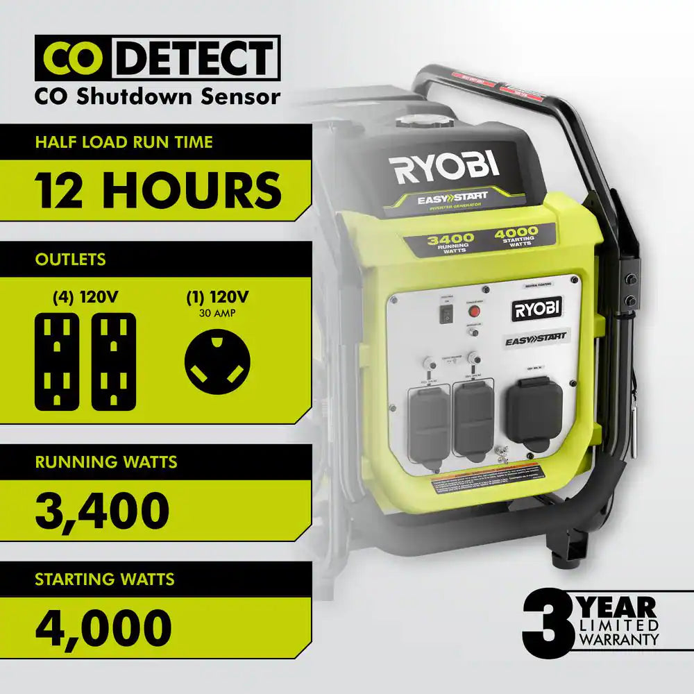 4000-Watt Recoil Start Gasoline Powered Digital Inverter Generator with CO Detect Shutdown Sensor