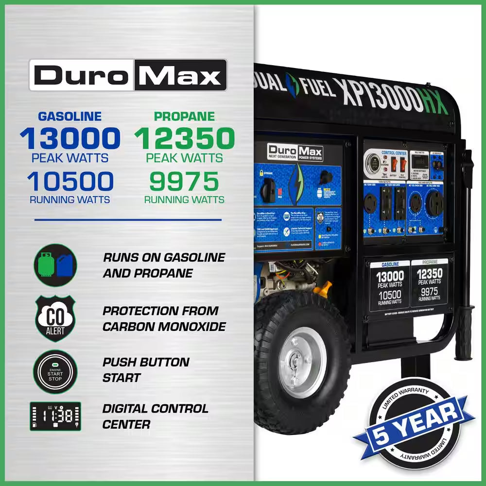 13000/10500-Watt Dual Fuel Electric Start Gasoline/Propane Portable Home Power Back up Generator with CO Alert Shutdown