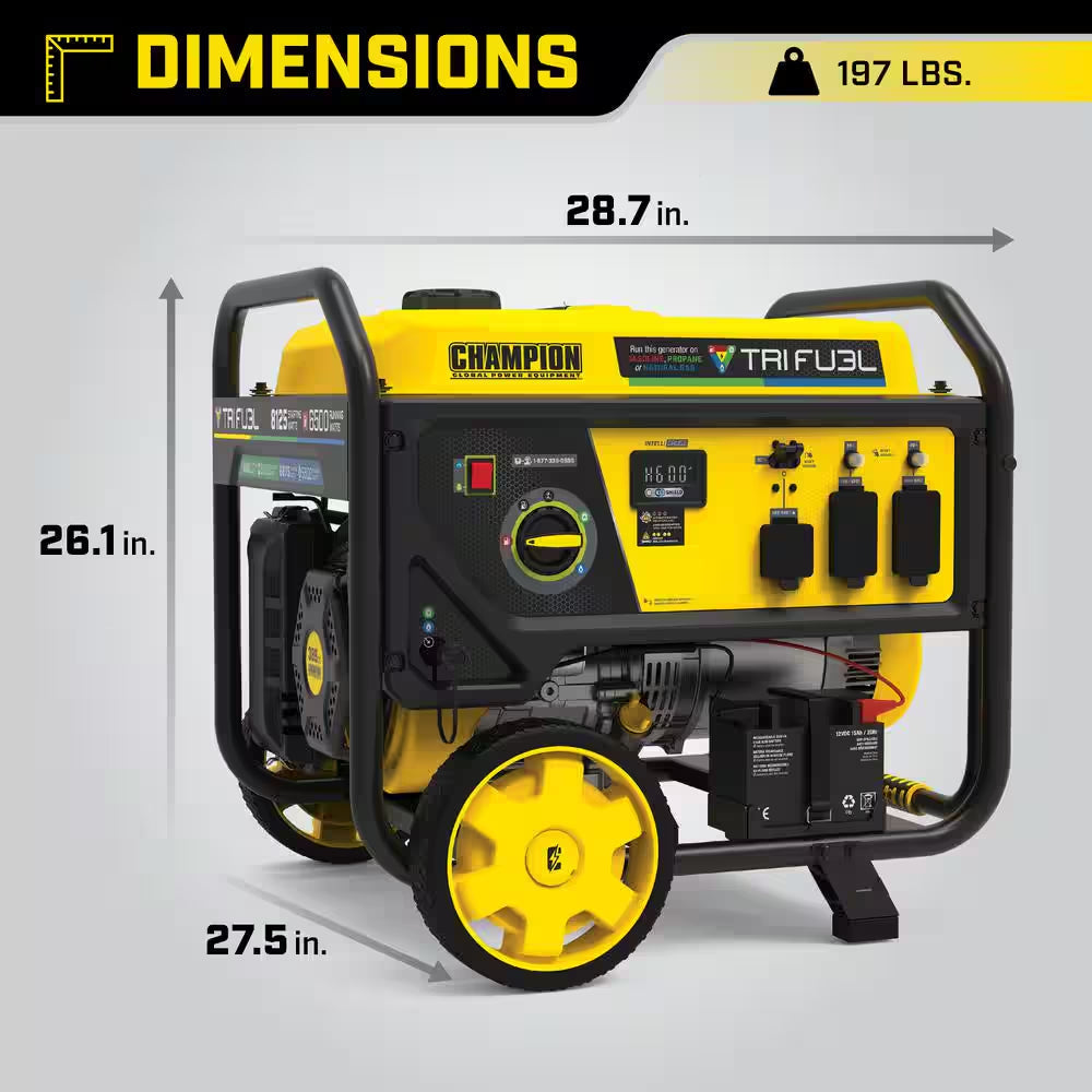 8,125/6,500-Watt Electric Start Gasoline Propane and Natural Gas Tri-Fuel Portable Generator, CO Shield, NG/LPG Hoses