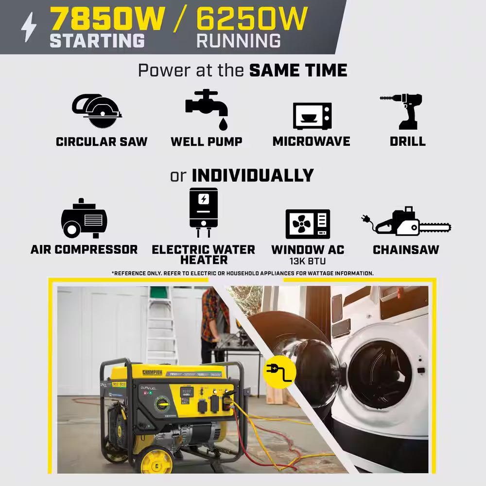7850/6250-Watt Recoil Start Storm Ready Gasoline and Propane Powered Dual Fuel Portable Generator with CO Shield