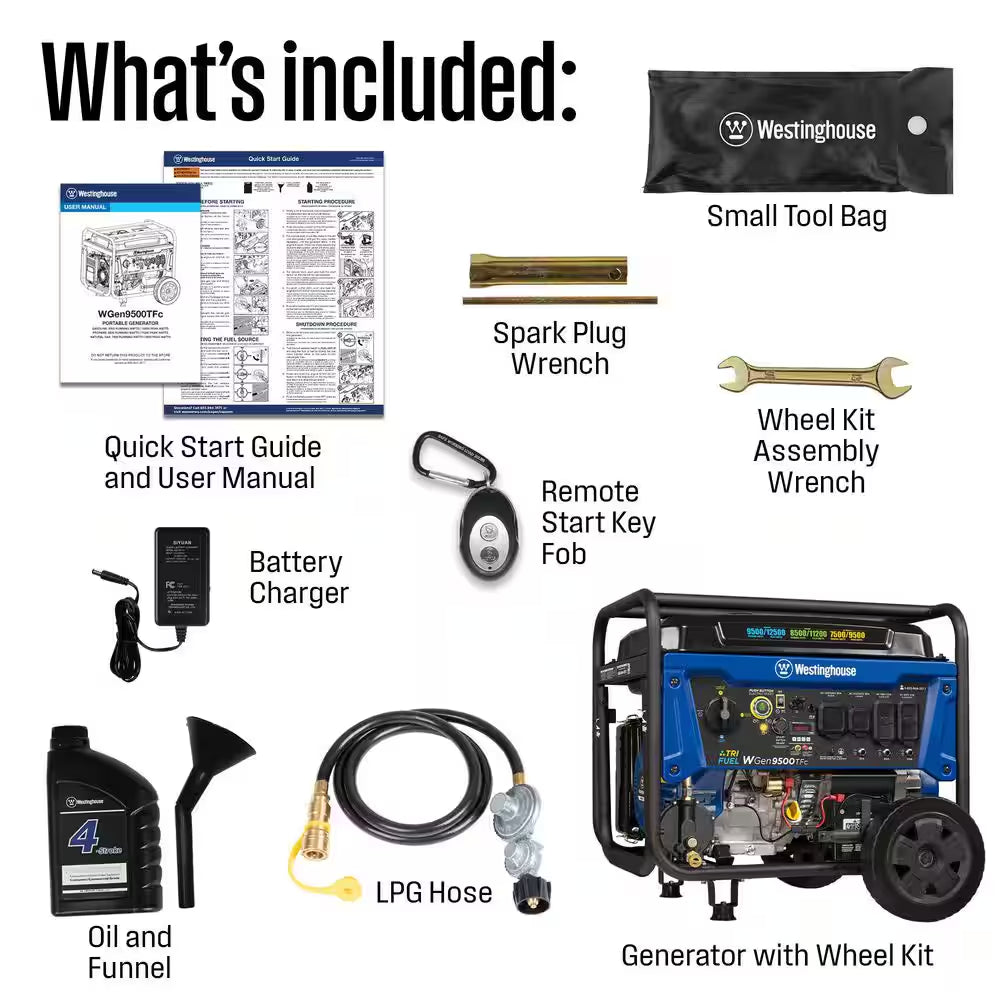 12,500/9,500-Watt Tri-Fuel Gas, Propane, Natural Gas Powered Portable Generator with Remote Electric Start, 50A Outlet