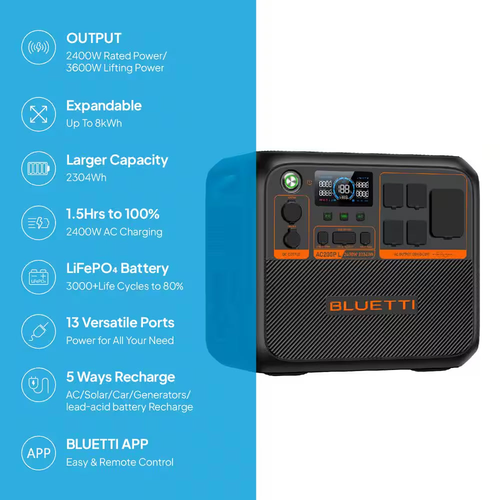 2400/3600-Watt Continuous Peak Output Power Station AC200PL Pushbutton Start Lifepo4 Battery Solar Generator for Outdoor