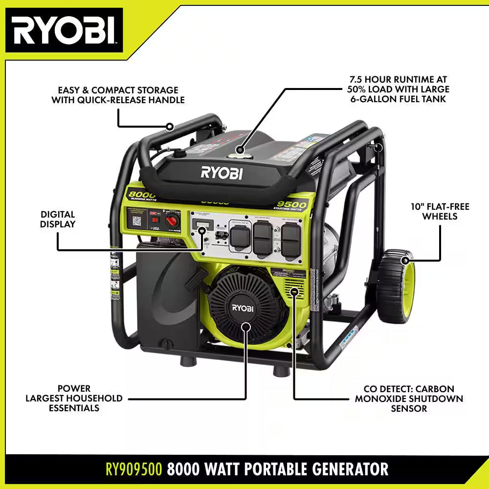9500-Watt Recoil Start Gasoline Powered Portable Generator with CO Detect Shutdown Sensor