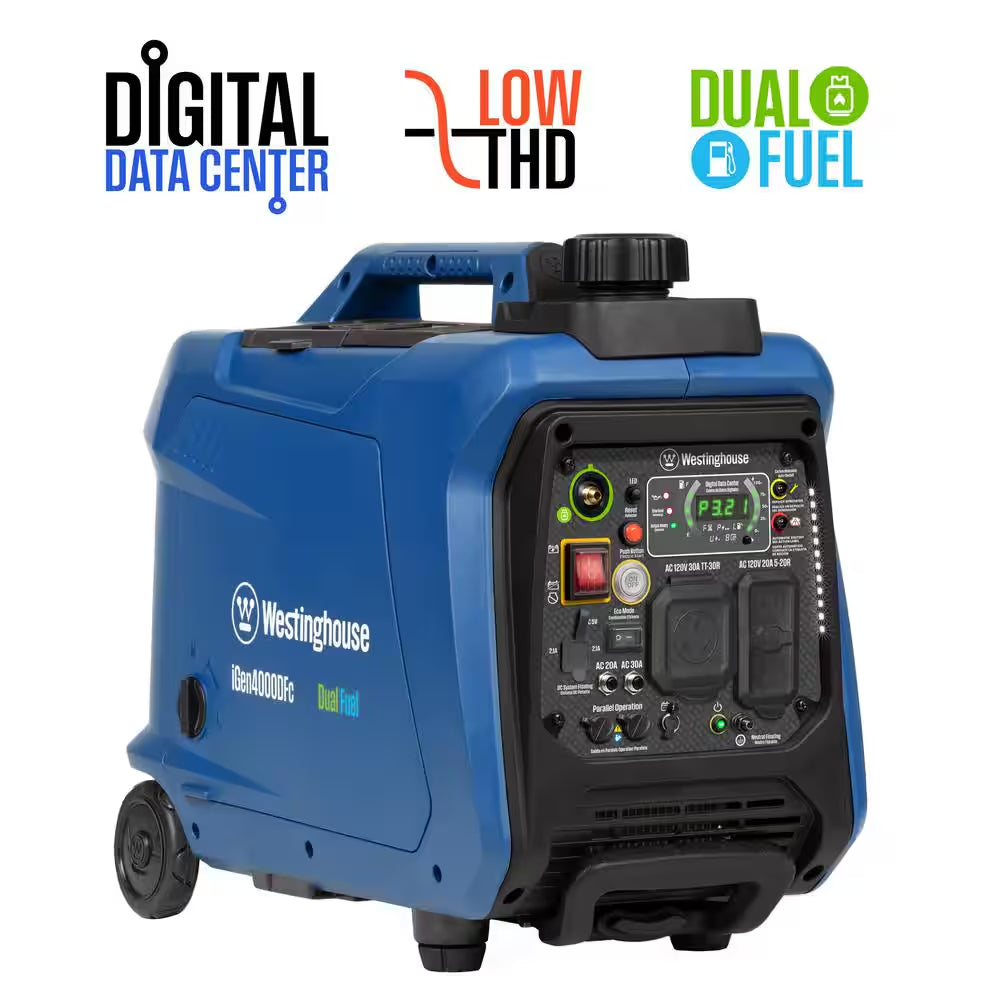 4,000-Watt Gas and Propane Powered Portable Inverter Generator with Remote Electric Start, LED Data Center