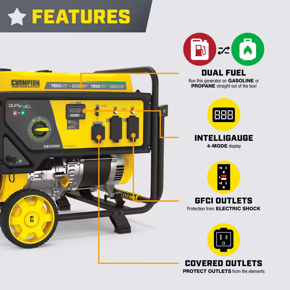 7850/6250-Watt Recoil Start Storm Ready Gasoline and Propane Powered Dual Fuel Portable Generator with CO Shield