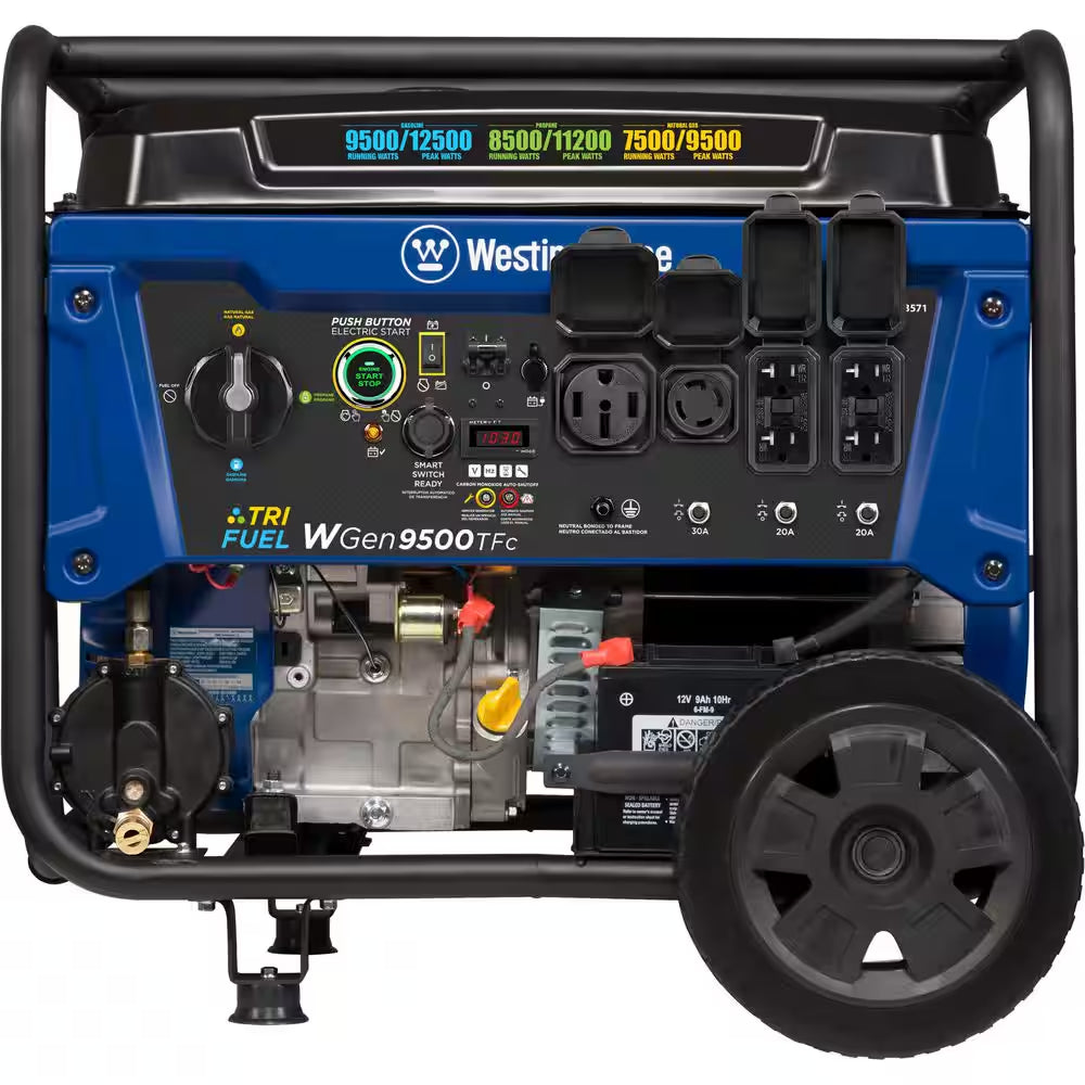 12,500/9,500-Watt Tri-Fuel Gas, Propane, Natural Gas Powered Portable Generator with Remote Electric Start, 50A Outlet