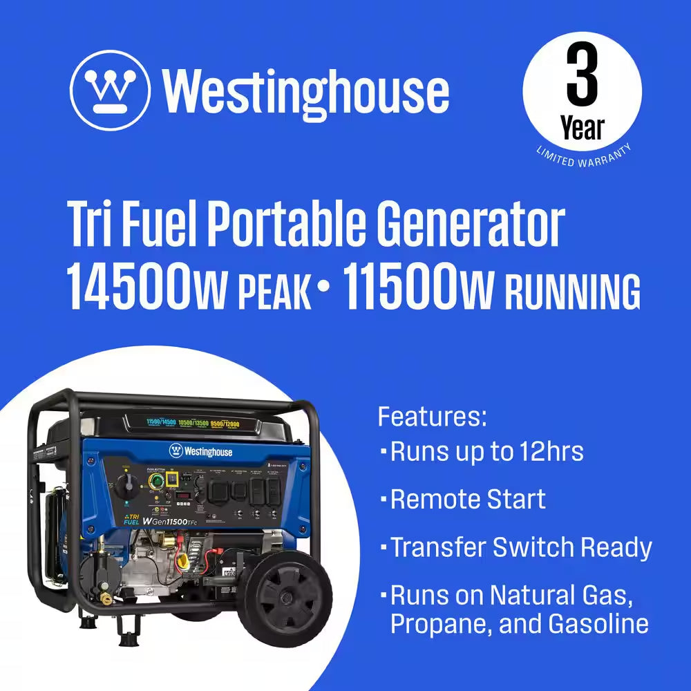 14,500-Watt/11,500-Watt Remote Start Tri-Fuel Portable Generator with Transfer Switch Outlet, Remote Start and CO Sensor