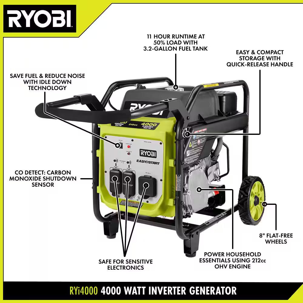 4000-Watt Recoil Start Gasoline Powered Inverter Generator with CO Shutdown