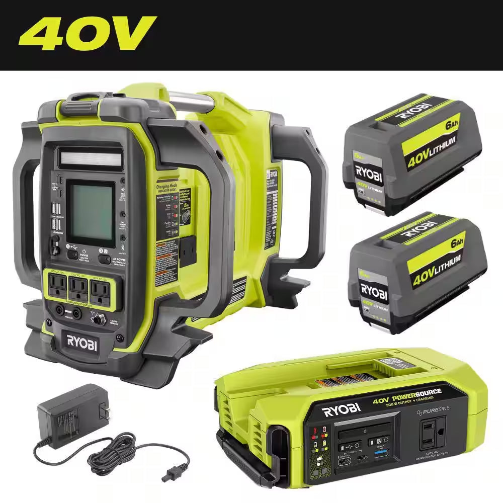 40V 1800-Watt Portable Battery Inverter Power Station & 4-Port Charger W/ 300-Watt Power Source & (2) 6.0 Ah Batteries