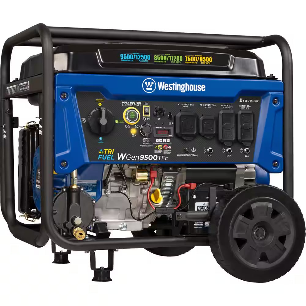 12,500/9,500-Watt Tri-Fuel Gas, Propane, Natural Gas Powered Portable Generator with Remote Electric Start, 50A Outlet