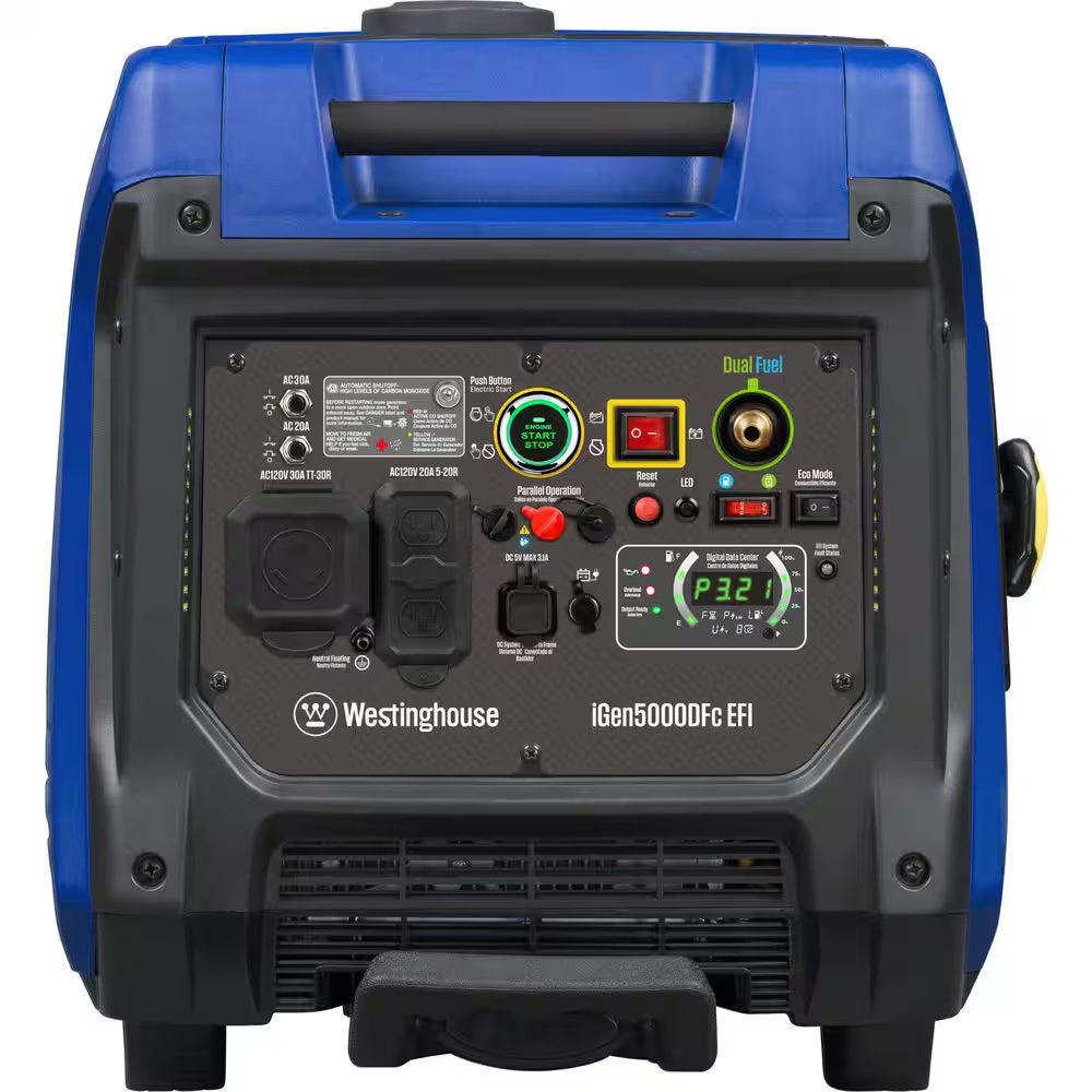 5,000-Watt Dual Fuel Gas and Propane Powered Portable Inverter EFI Generator with Remote Electric Start, LED Data Center