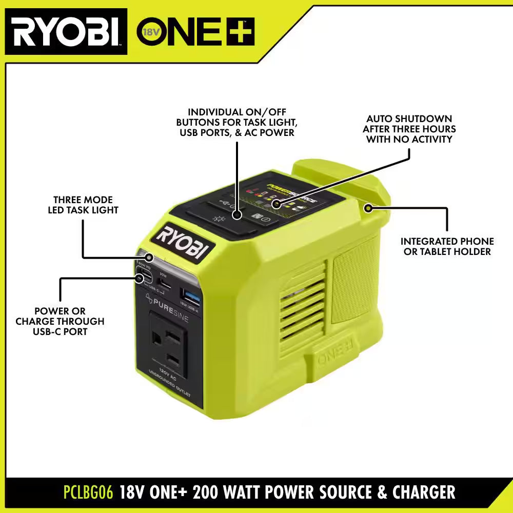 18V ONE+ 1800-Watt Portable Battery Inverter Power Station/8-Port Charger W/ 200-Watt Power Source & (4) 6.0Ah Batteries