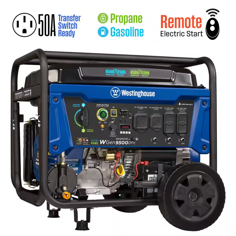 12,500/9,500-Watt Dual Fuel Gas and Propane Powered Portable Generator with Remote Electric Start, 50 Amp Outlet