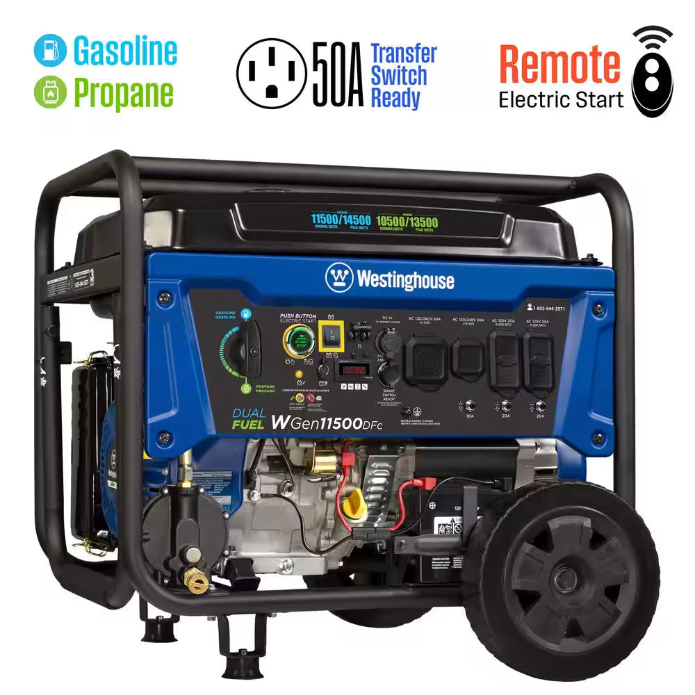 14,500-Watt/11,500-Watt Remote Start Dual Fuel Gas and Propane Portable Generator with Transfer Switch Outlet, CO Sensor