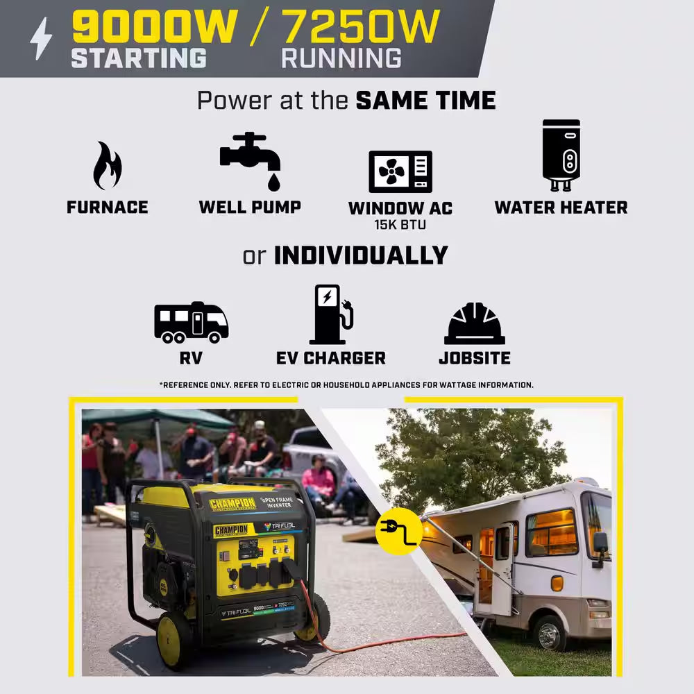 9000-Watt Electric Start Gasoline Propane and Natural Gas Tri Fuel Open Frame Inverter Generator, CO Shield, NG/LPG Hose
