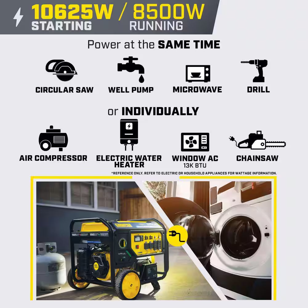 10625/8500-Watt Electric or Recoil Start Gasoline and Propane Powered Dual Fuel Portable Generator with CO Shield
