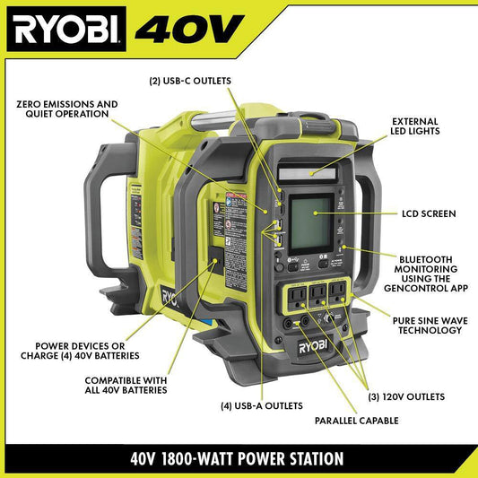 40V 1800-Watt Portable Battery Inverter Power Station & 4-Port Charger W/ 300-Watt Power Source & (2) 6.0 Ah Batteries