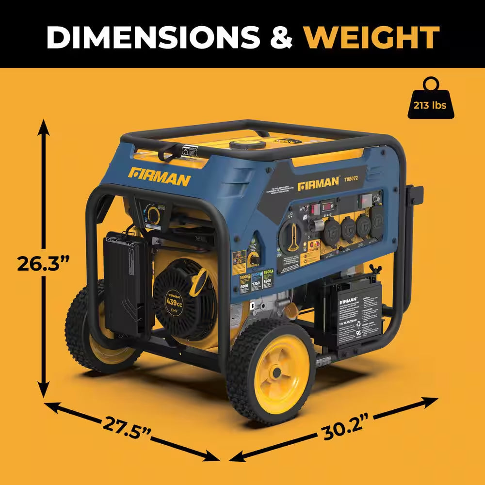 10,000-Watt/8,000-Watt Tri-Fuel Portable Generator with Electric Start, Transfer Switch Outlet and CO Alert Technology