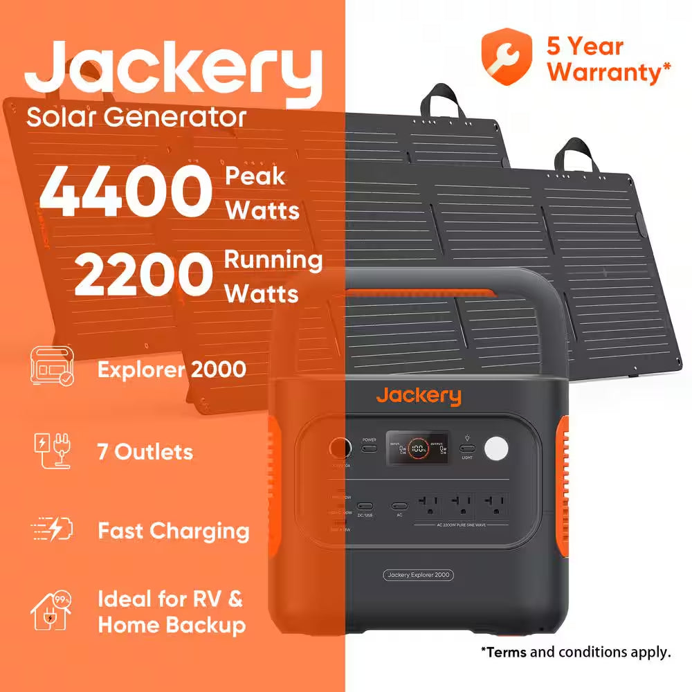 2200W Rated/4400W Peak Push Button Start Solar Generator 2000 V2 with 2 100W Mini-Solar Panels Outdoors and Emergency