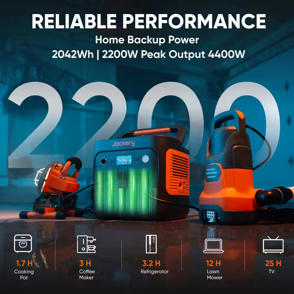 2200W Rated/4400W Peak Push Button Start Solar Generator 2000 V2 with 2 100W Mini-Solar Panels Outdoors and Emergency