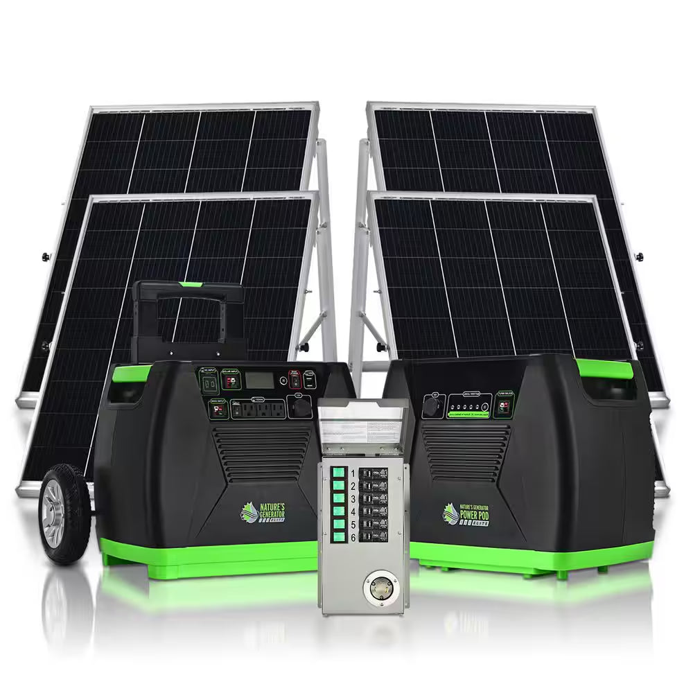 ELITE 3600-Watt/5760W Peak Push Button Start Solar Powered Portable Generator W/ Power Pod, Transfer Kit, 4 Solar Panels