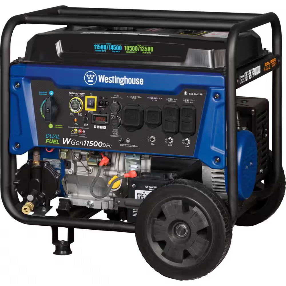14,500-Watt/11,500-Watt Remote Start Dual Fuel Gas and Propane Portable Generator with Transfer Switch Outlet, CO Sensor