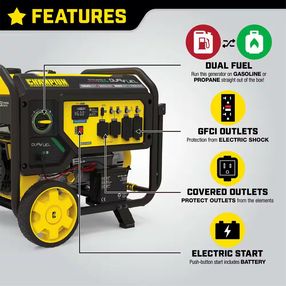 10,625/8500-Watt Electric Start Gasoline and Propane Powered Dual Fuel Portable Generator with CO Shield
