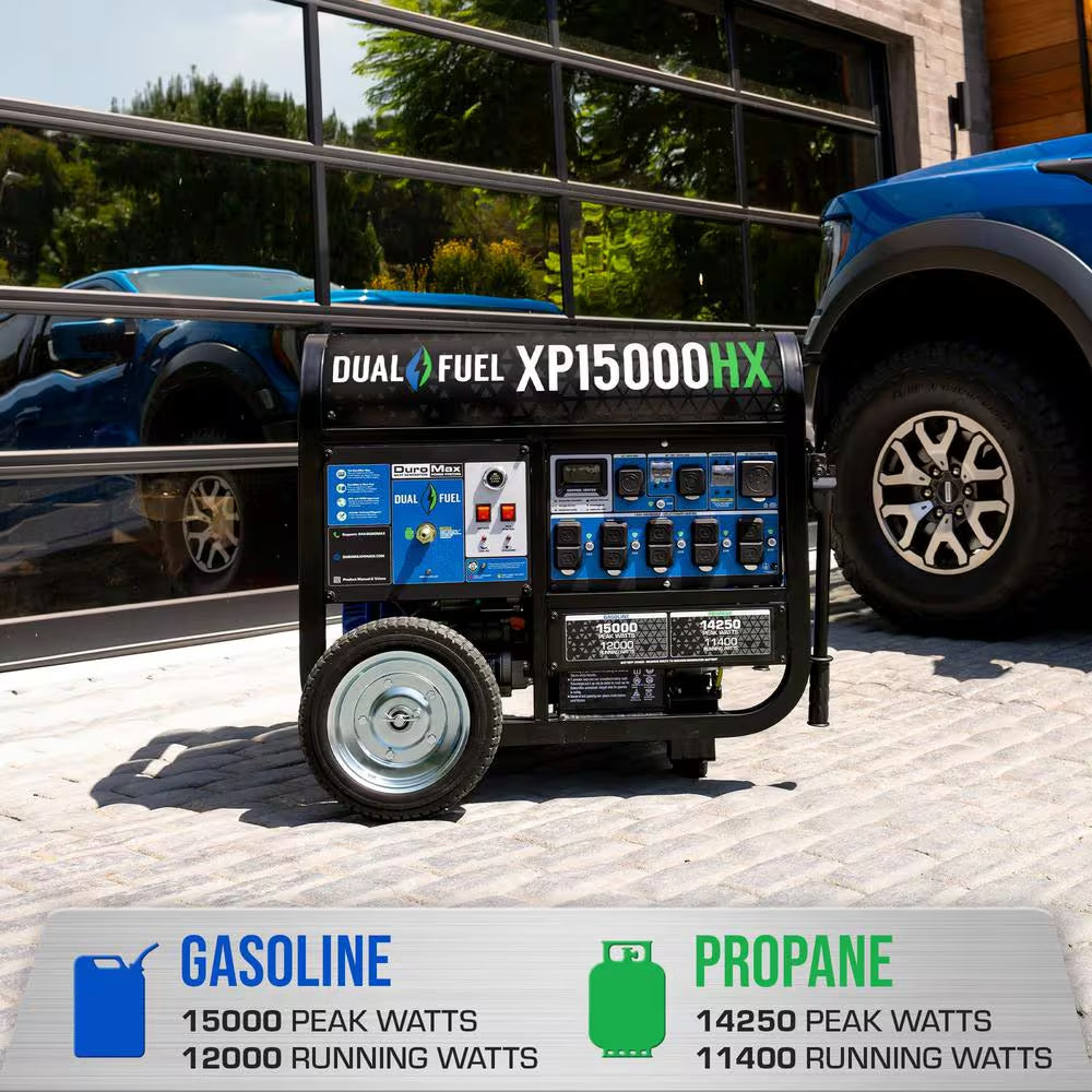 15000/12000-Watt Dual Fuel Electric Start Gasoline/Propane Portable Home Power Back up Generator with CO Alert Shutdown