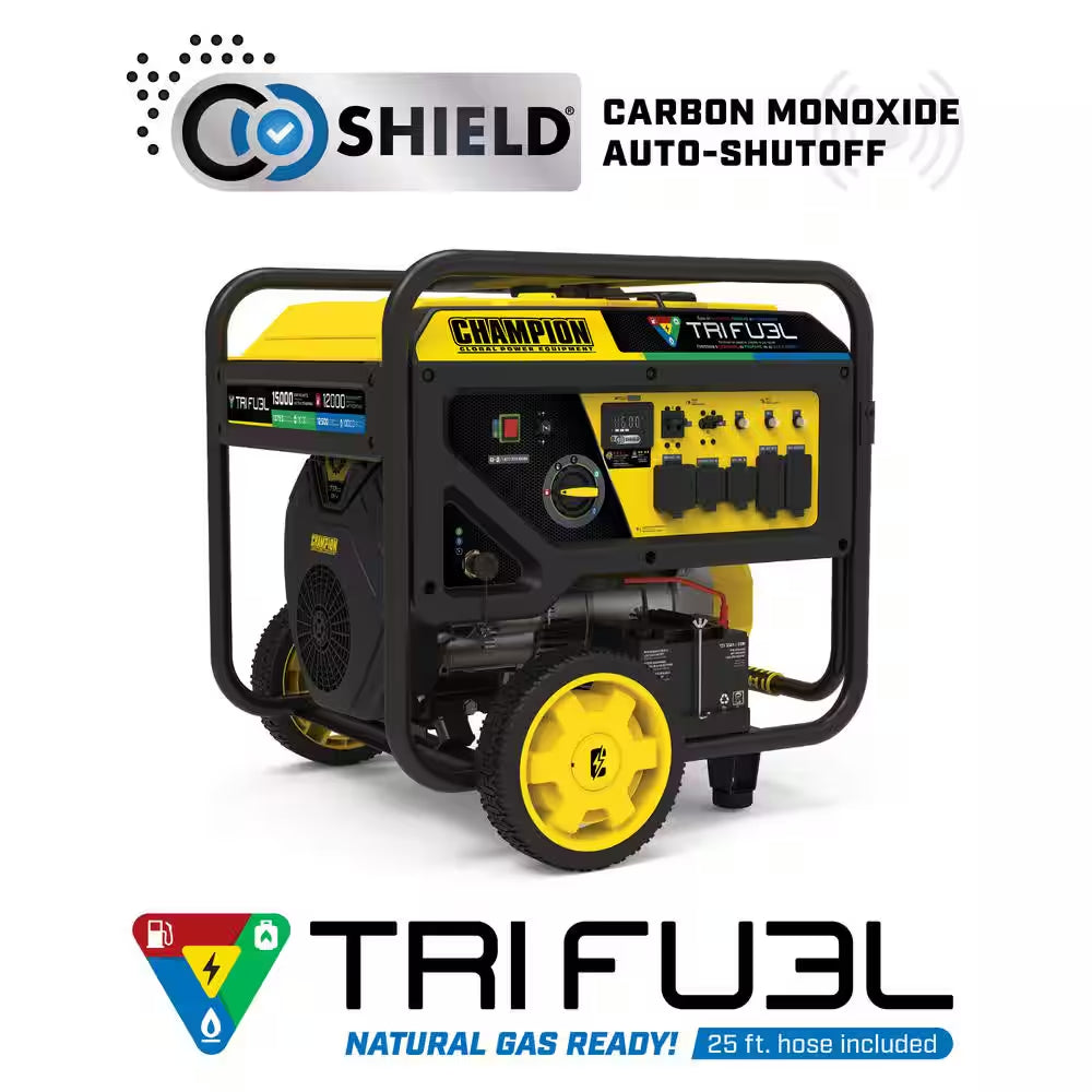 15,000/12,000-Watt Electric Start Gasoline Propane and Natural Gas Tri-Fuel Portable Generator, CO Shield, NG/LPG Hoses