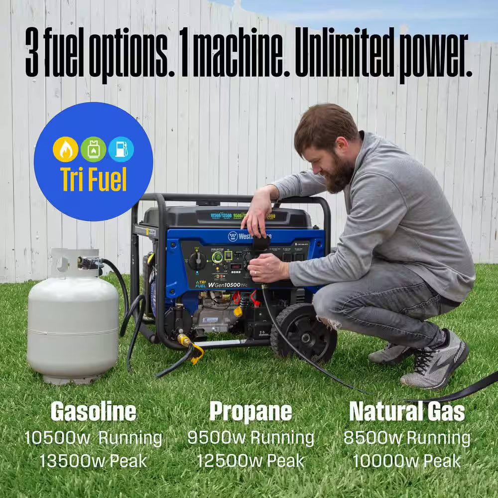 13,500/10,500-Watt Tri-Fuel Gas, Propane, Natural Gas Powered Portable Generator with Remote Electric Start, 50A Outlet