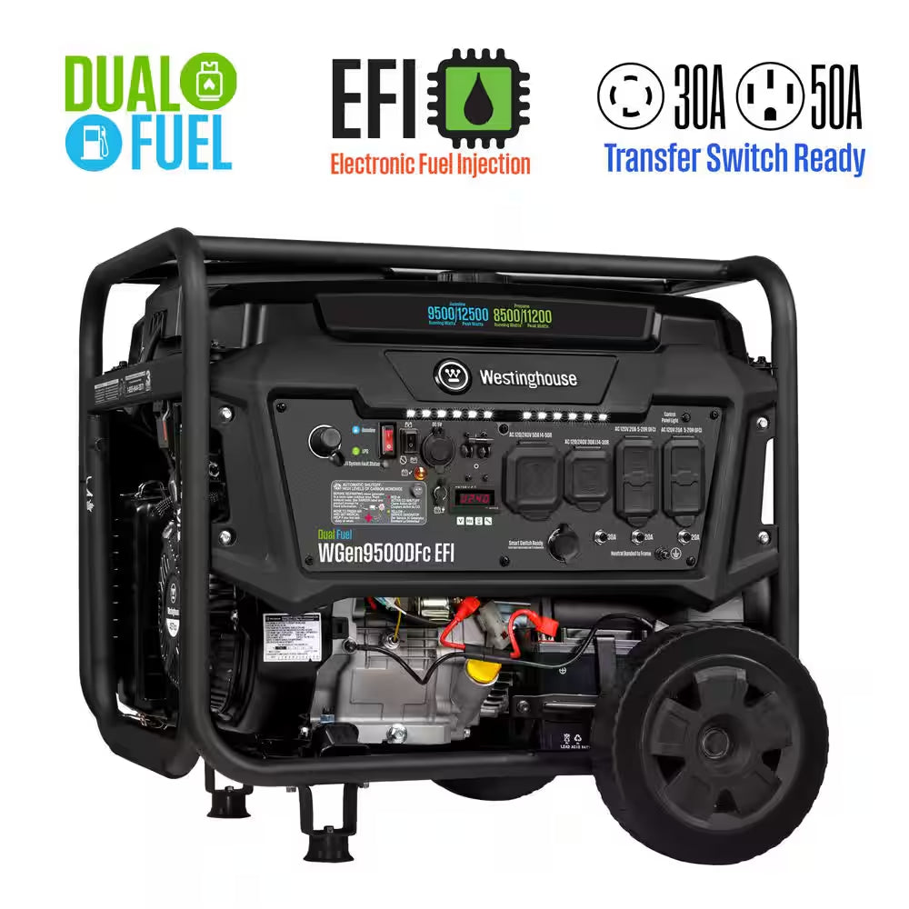 12,500/9,500-Watt Dual Fuel Gas and Propane Powered EFI Portable Generator with Remote Electric Start, 50 Amp Outlet