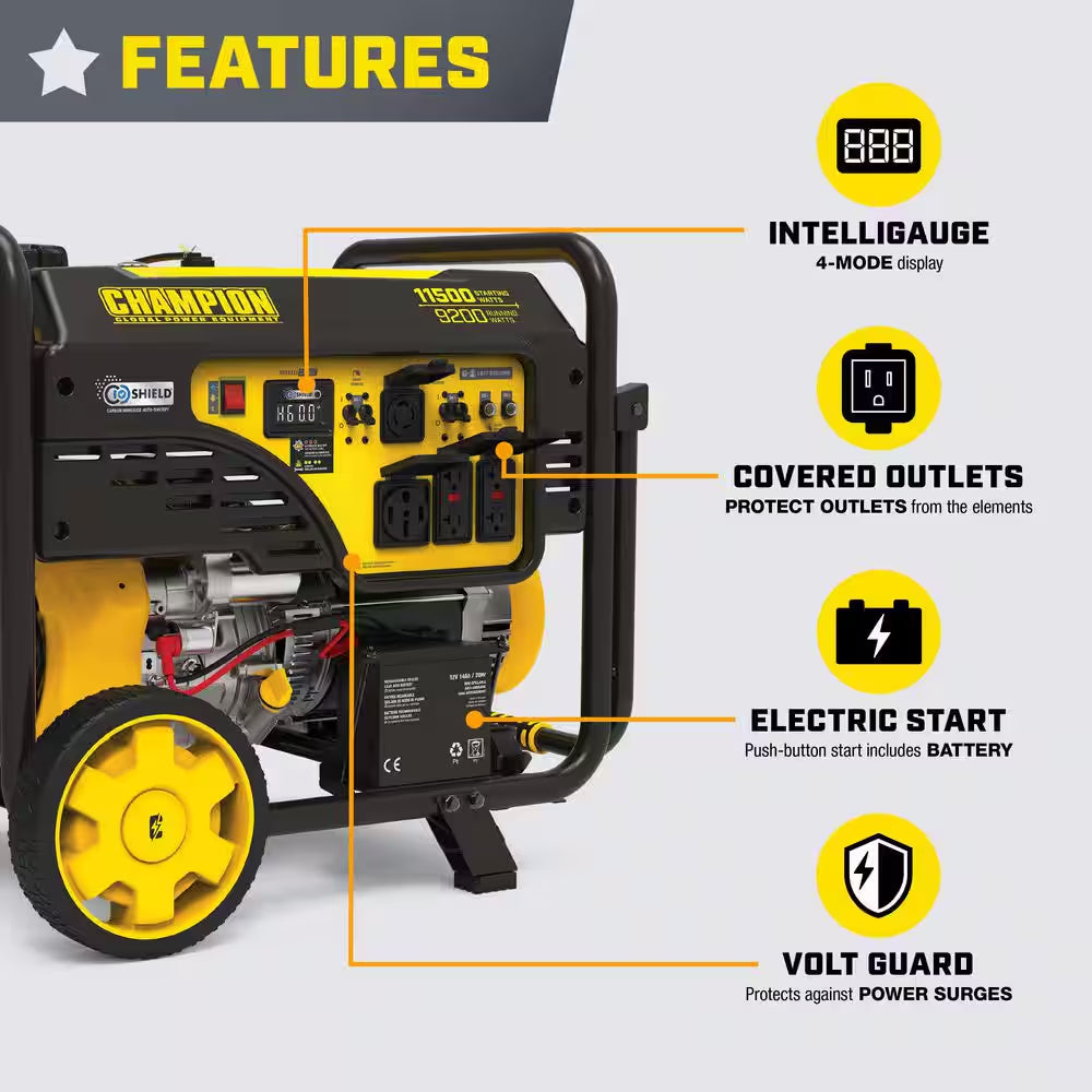 11500/9200-Watt, Electric Start, Gasoline Powered Portable Generator with CO Shield