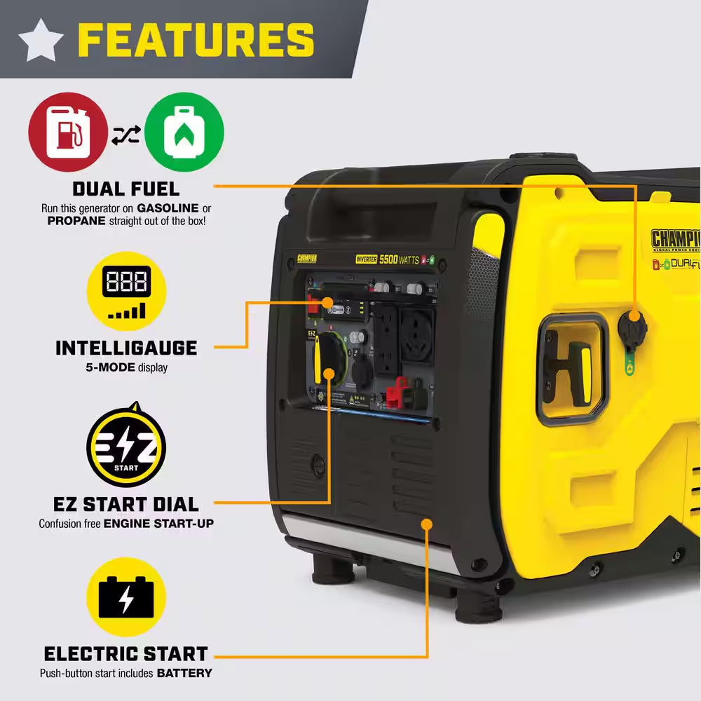 5500/4000-Watt Electric Start Gasoline and Propane Powered Dual Fuel Inverter Generator W/CO Shield and Quiet Technology