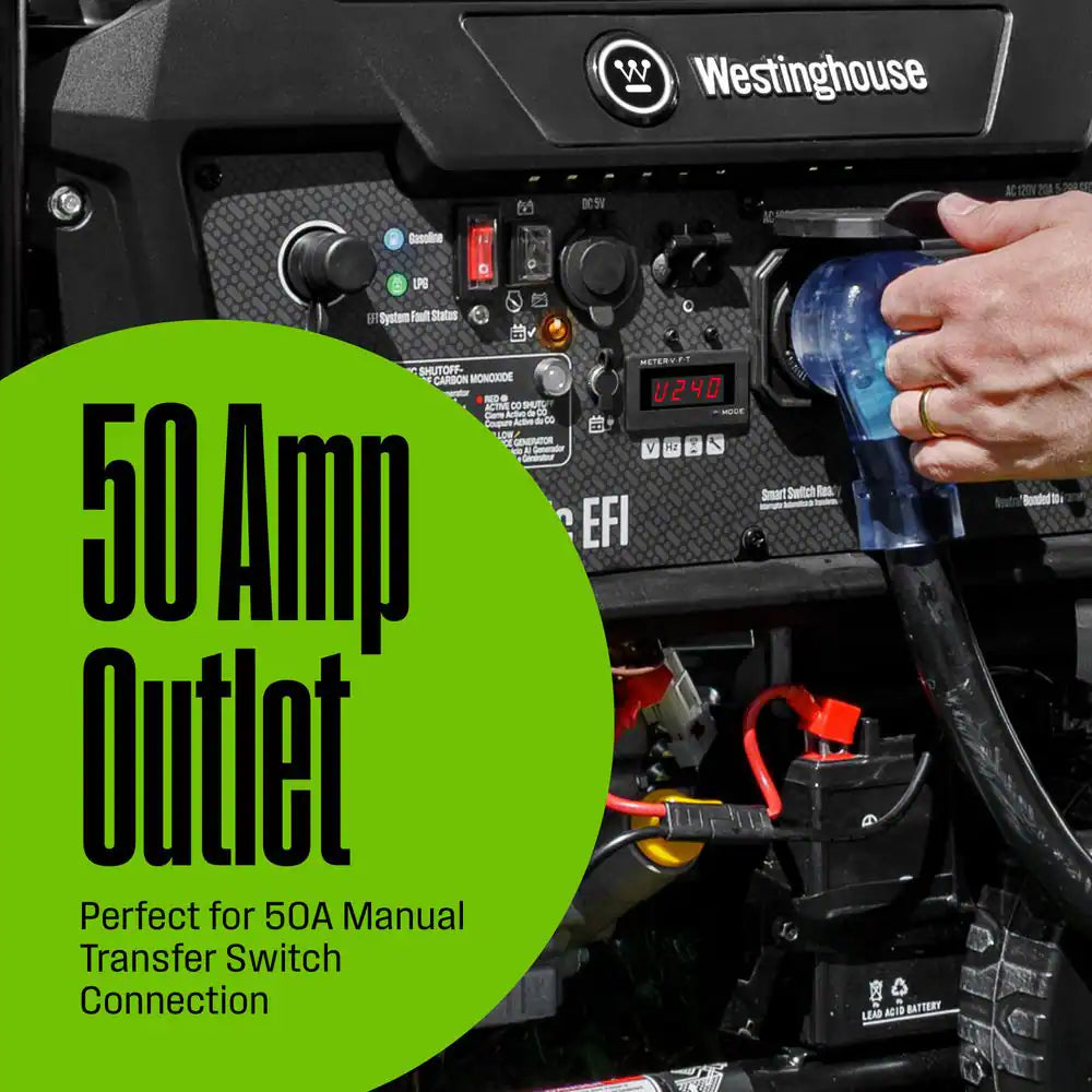 12,500/9,500-Watt Dual Fuel Gas and Propane Powered EFI Portable Generator with Remote Electric Start, 50 Amp Outlet