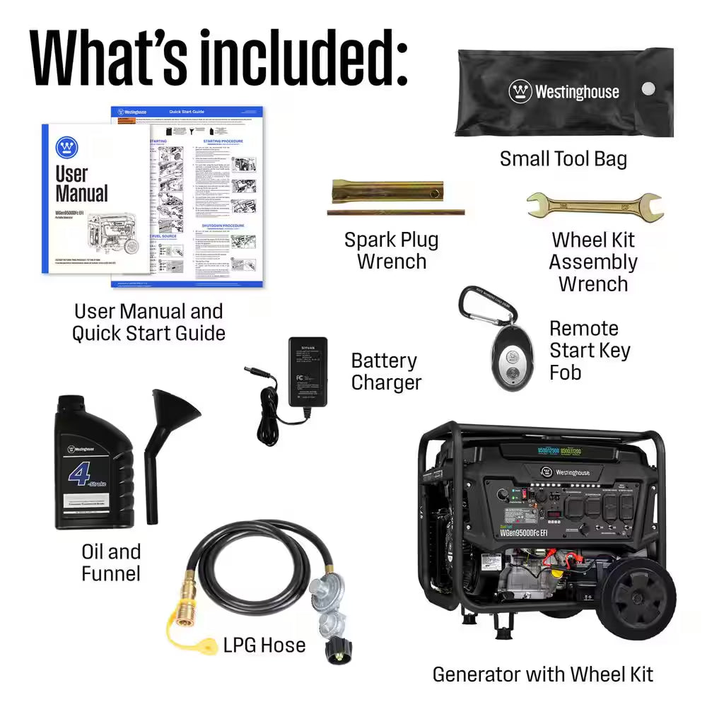 12,500/9,500-Watt Dual Fuel Gas and Propane Powered EFI Portable Generator with Remote Electric Start, 50 Amp Outlet