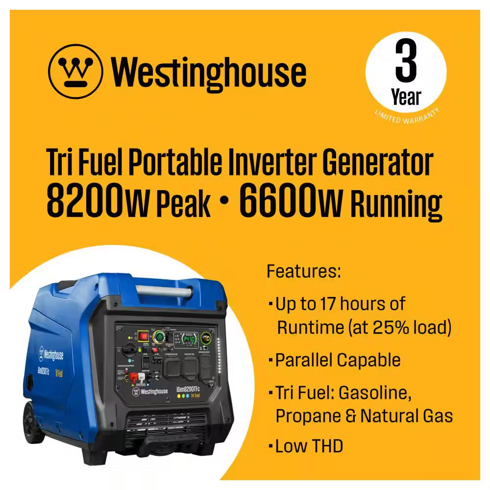 8,200-Watt Remote Electric Start Tri Fuel Gas, Propane, Natural Gas Powered Inverter Generator with CO Sensor