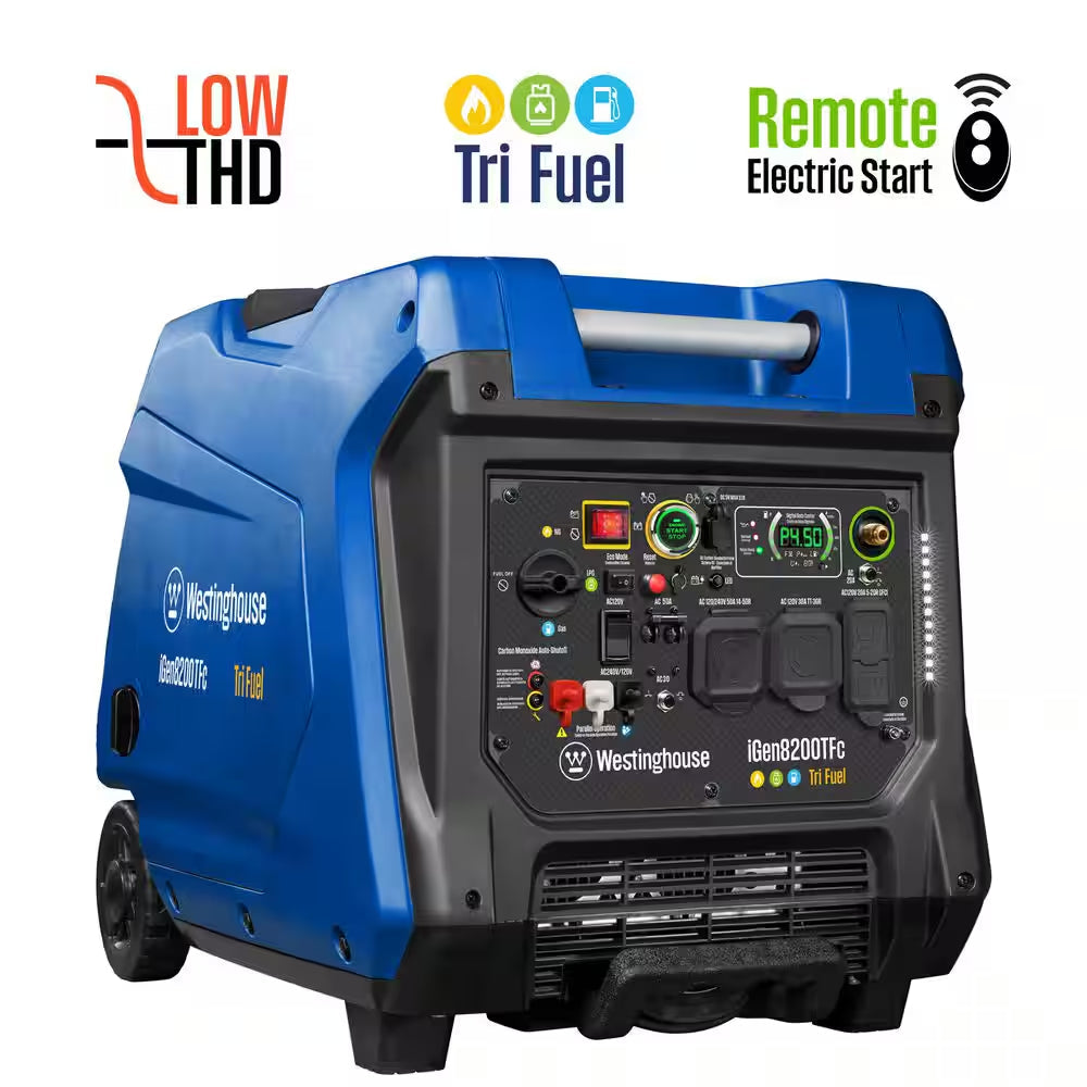 8,200-Watt Remote Electric Start Tri Fuel Gas, Propane, Natural Gas Powered Inverter Generator with CO Sensor