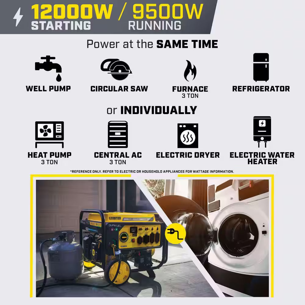 12,000/9,500-Watt Electric Start Dual Fuel Gasoline and Propane Home Backup Portable Generator, Free 3-Year Warranty