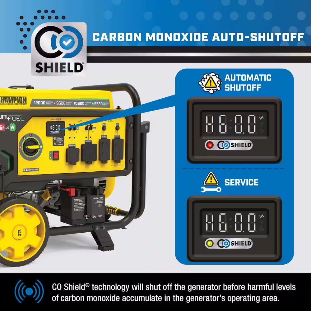 12,000/9,500-Watt Electric Start Dual Fuel Gasoline and Propane Home Backup Portable Generator, Free 3-Year Warranty