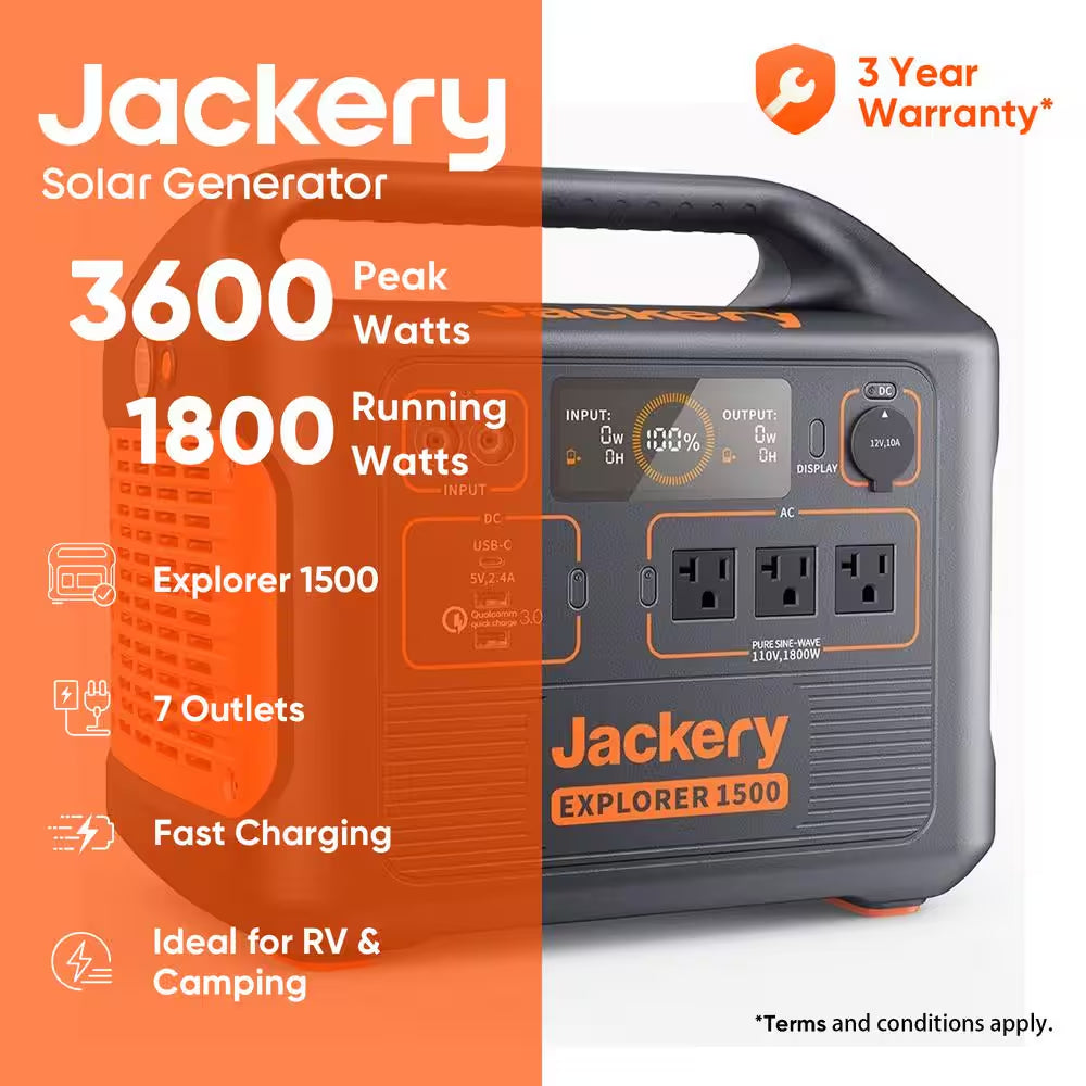 1800-Watt Output/3600W Peak Portable Solar Power Station Explorer 1500 Push Start Battery Generator for Outdoors/Camping