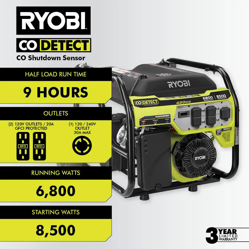 6800-Watt Recoil Start UL Gasoline Powered Portable Generator with CO Detect Shutdown Sensor