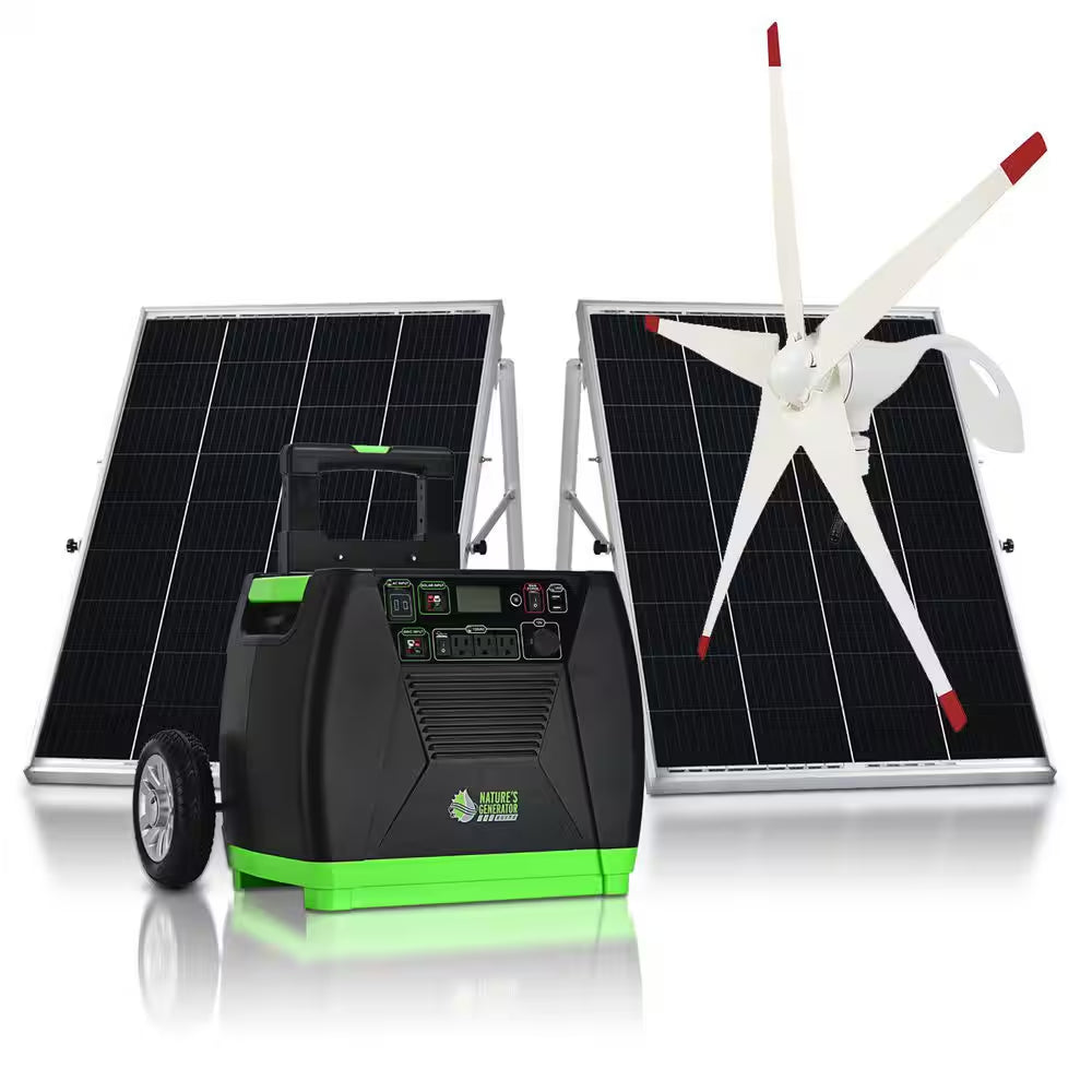 ELITE 3600-Watt/5760W Peak Push Button Start Solar Powered Portable Generator with 2100W Solar Panels, 1 Wind Turbine
