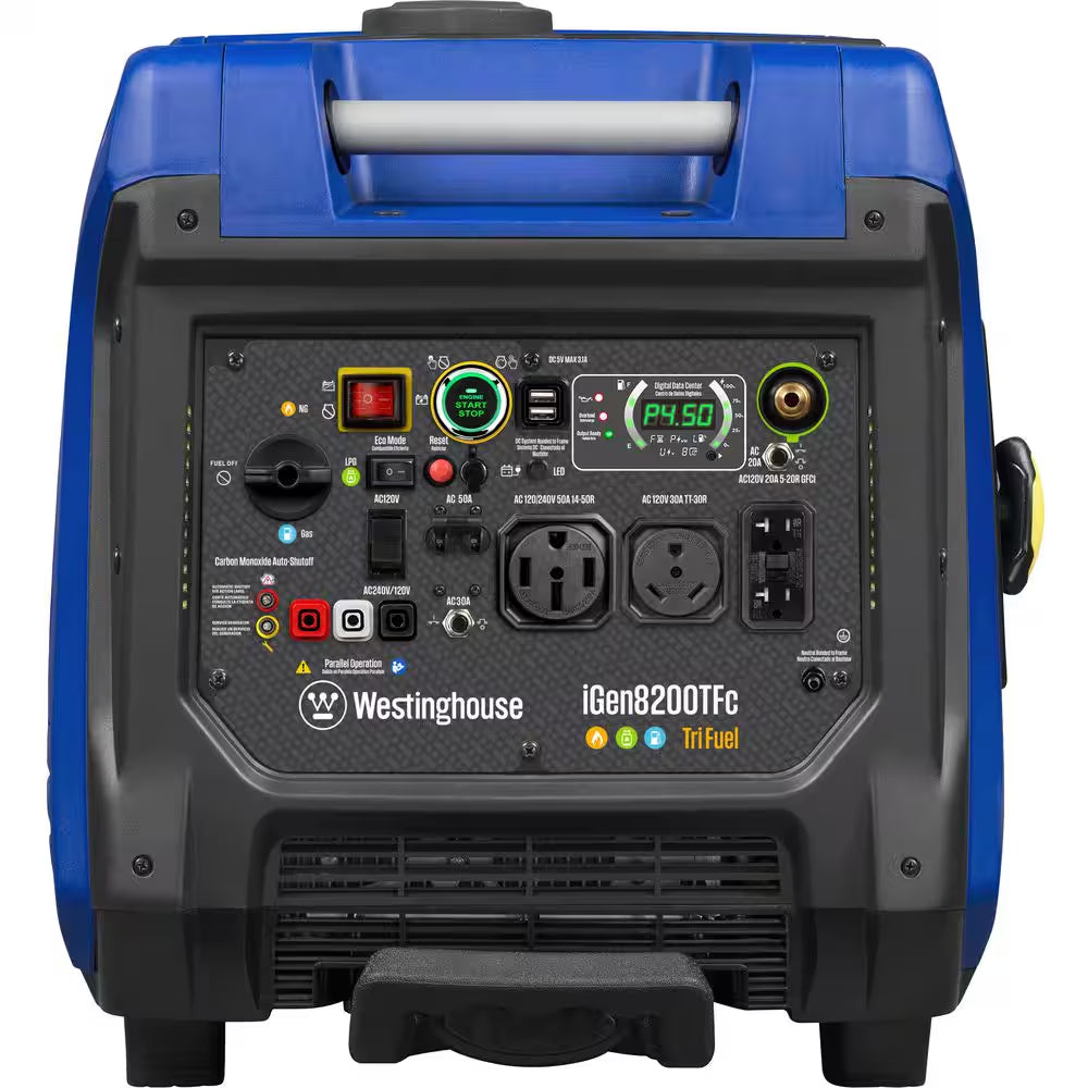 8,200-Watt Remote Electric Start Tri Fuel Gas, Propane, Natural Gas Powered Inverter Generator with CO Sensor