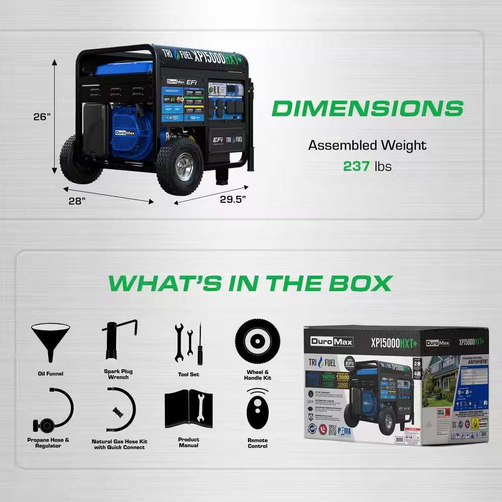 15000-Watt /12000-Watt Remote Start Tri-Fuel EFI Gasoline Propane Natural Gas Power Portable Generator 50 States